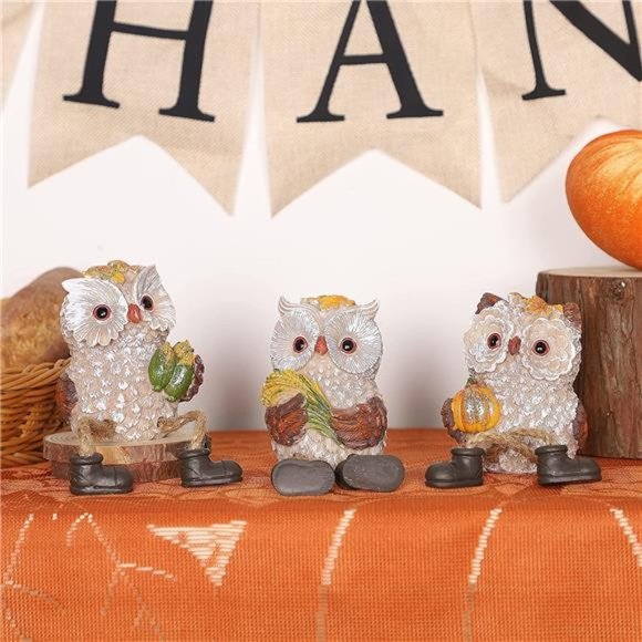Set of 3 Thanksgiving Figurines, Resin Owl Shelf Sitters with Dangling Legs - Picture 5 of 8
